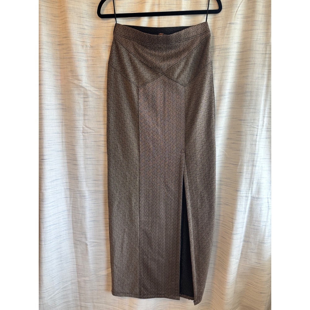 Free People Brown Tweed Knit Maxi Skirt High Waisted Front Slit Small Metallic